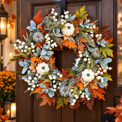 Front Door Wreath Maple Leaves & Pumpkins Ready To Hang