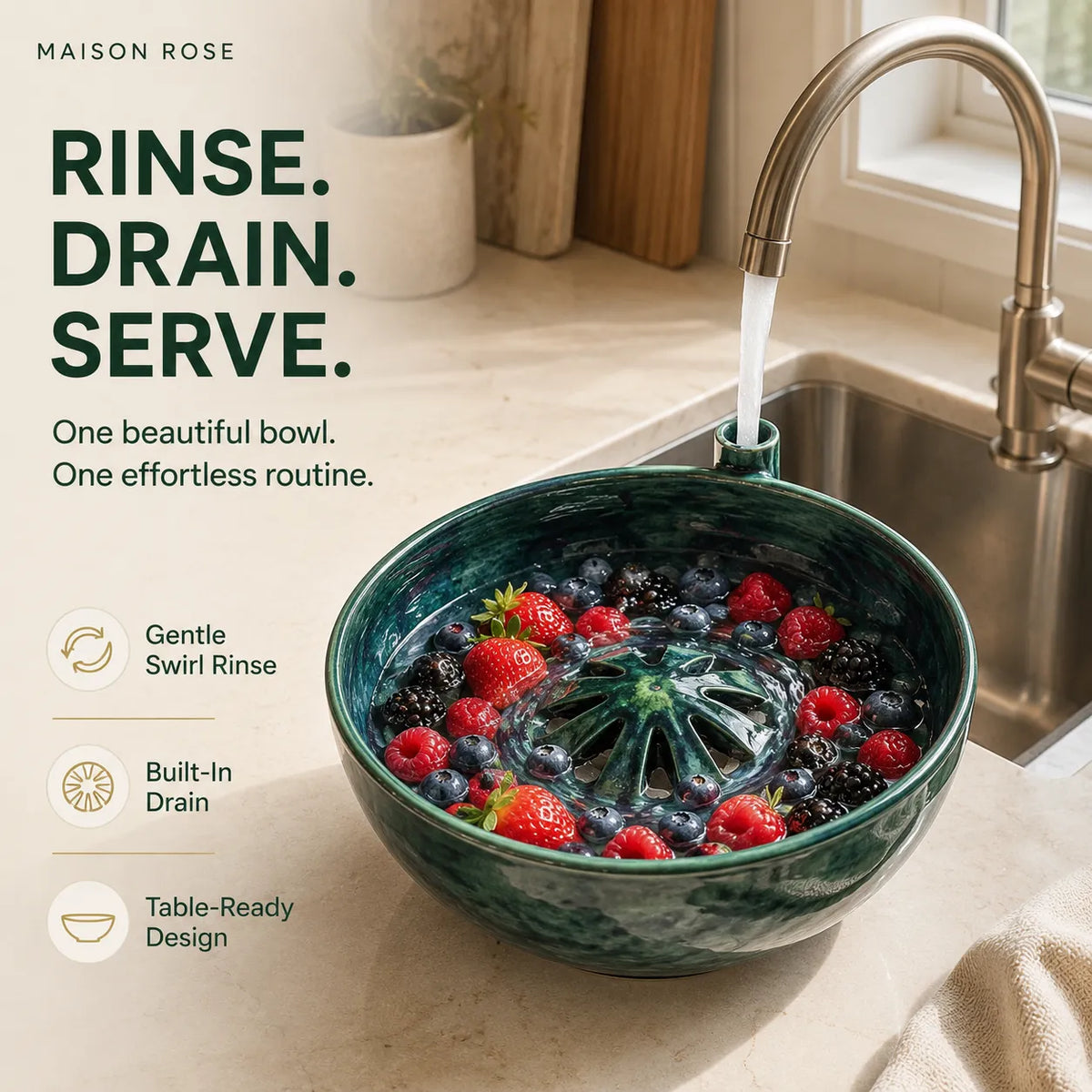 Fruit Rinsing Bowl Glazed Ceramic Built-In Drainage