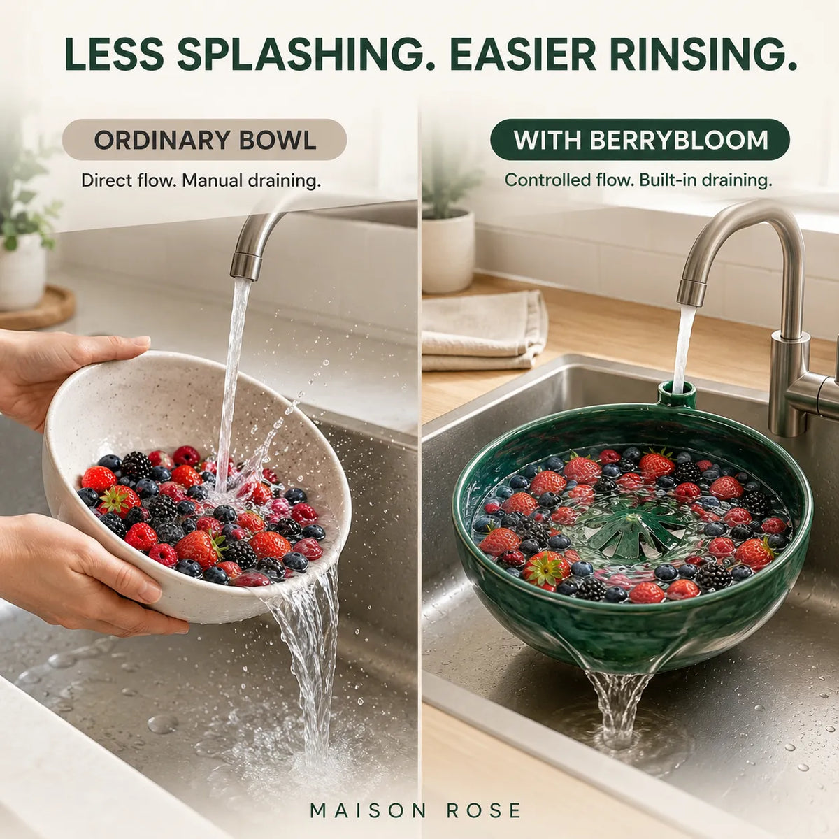 Fruit Rinsing Bowl Glazed Ceramic Built-In Drainage