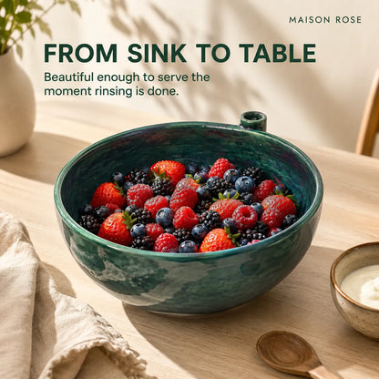 Fruit Rinsing Bowl Glazed Ceramic Built-In Drainage