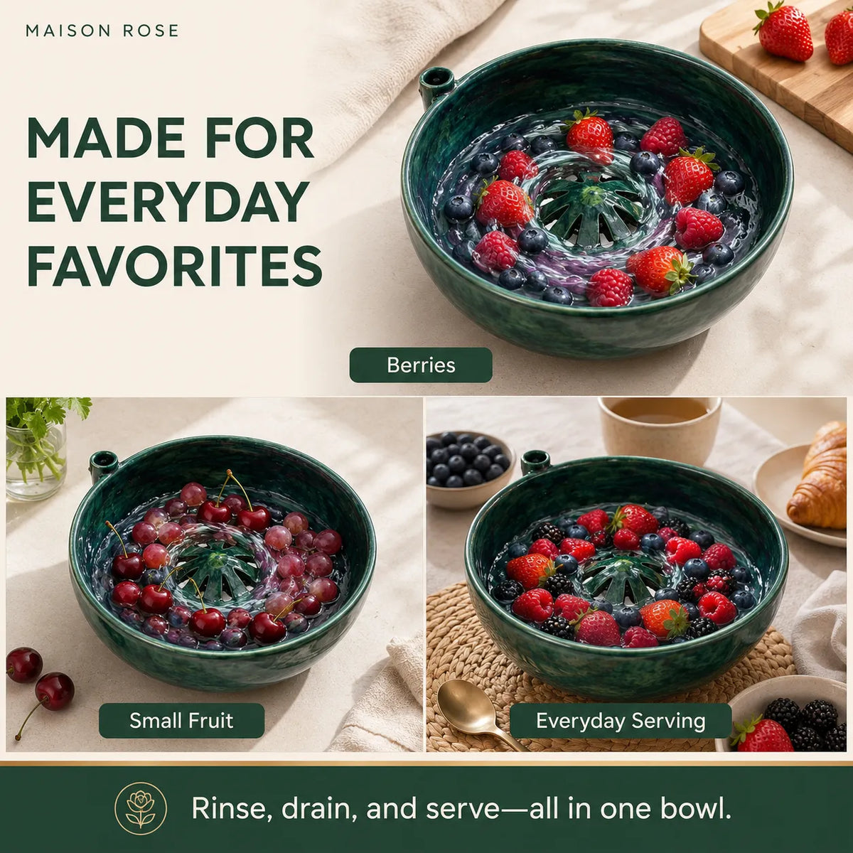 Fruit Rinsing Bowl Glazed Ceramic Built-In Drainage
