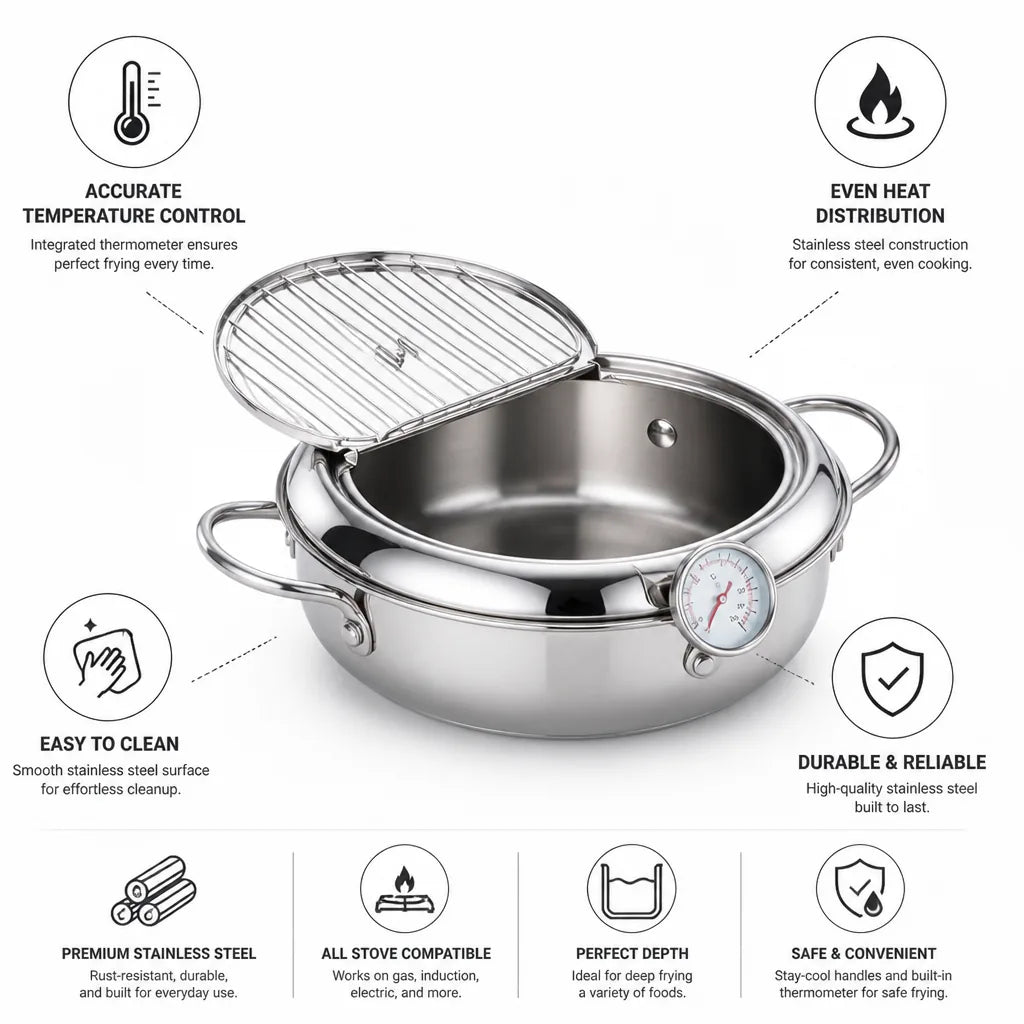 Fryer Pan Stainless Steel Integrated Thermometer & Even Heat