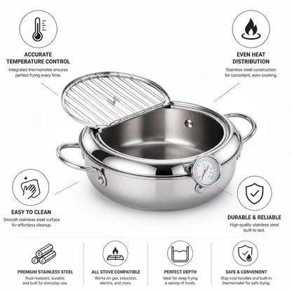 Fryer Pan Stainless Steel Integrated Thermometer & Even Heat