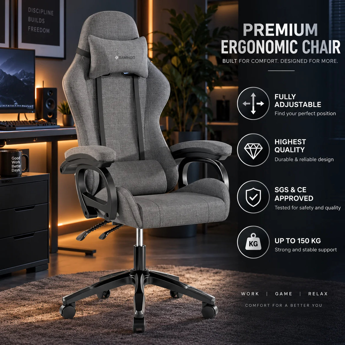 Gaming Chair Ergonomic Breathable Linen Fabric 330 lb Capacity