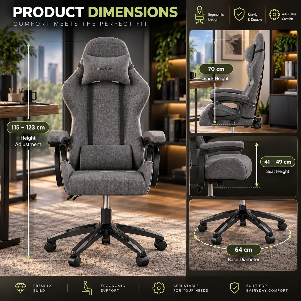 Gaming Chair Ergonomic Breathable Linen Fabric 330 lb Capacity