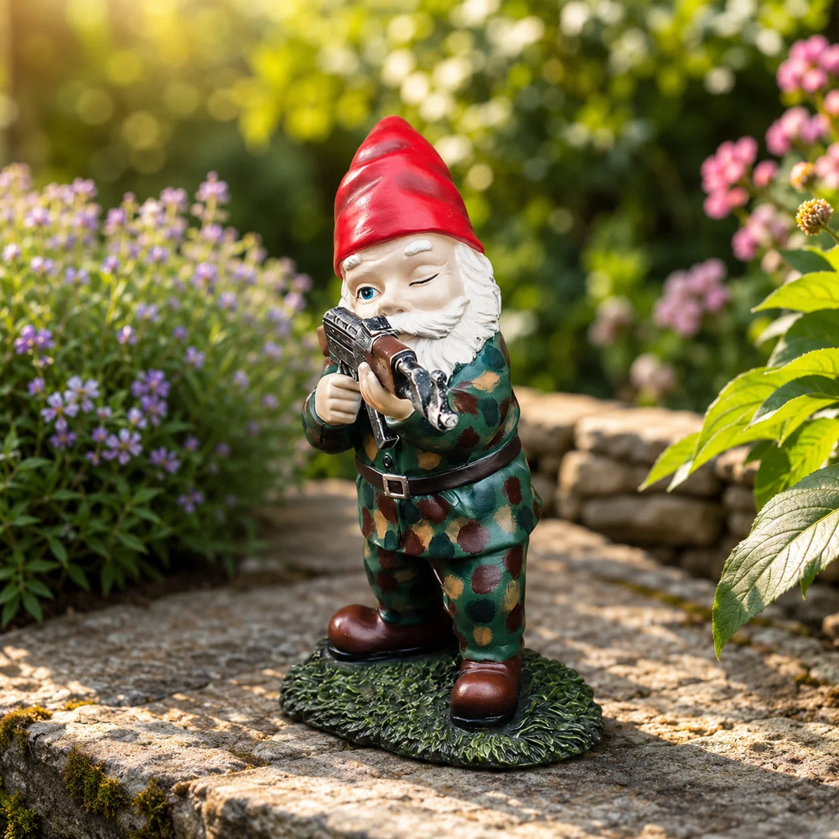 Garden Gnome Camouflage Finish Weather-Resistant Resin