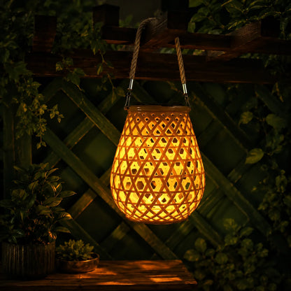 Garden Lantern Solar Woven Bamboo Look Auto Dusk Sensor