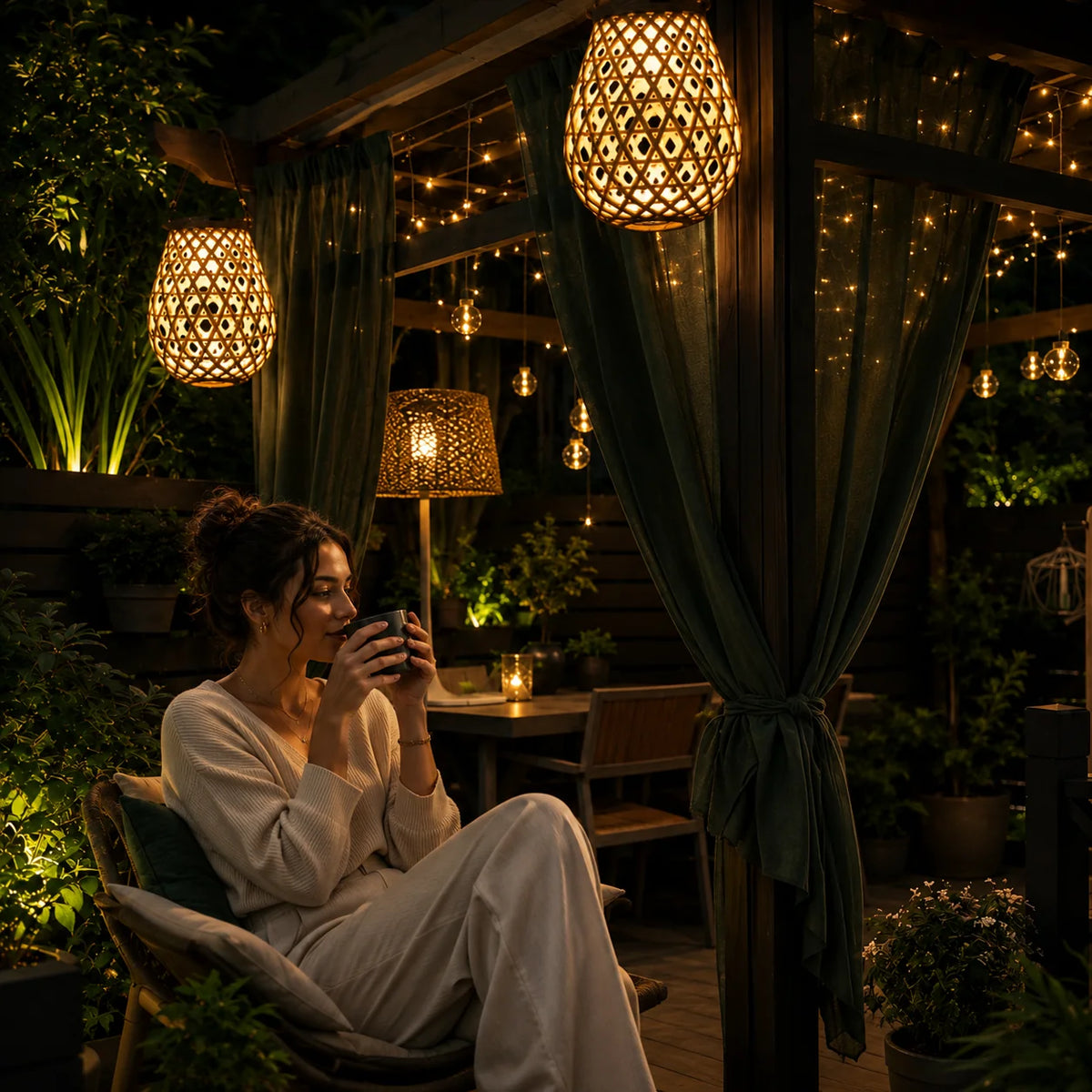 Garden Lantern Solar Woven Bamboo Look Auto Dusk Sensor