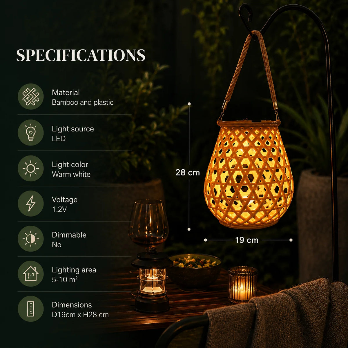 Garden Lantern Solar Woven Bamboo Look Auto Dusk Sensor
