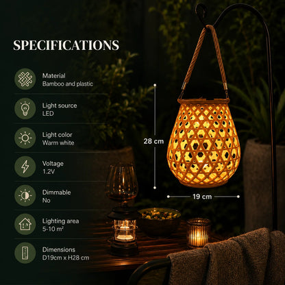 Garden Lantern Solar Woven Bamboo Look Auto Dusk Sensor