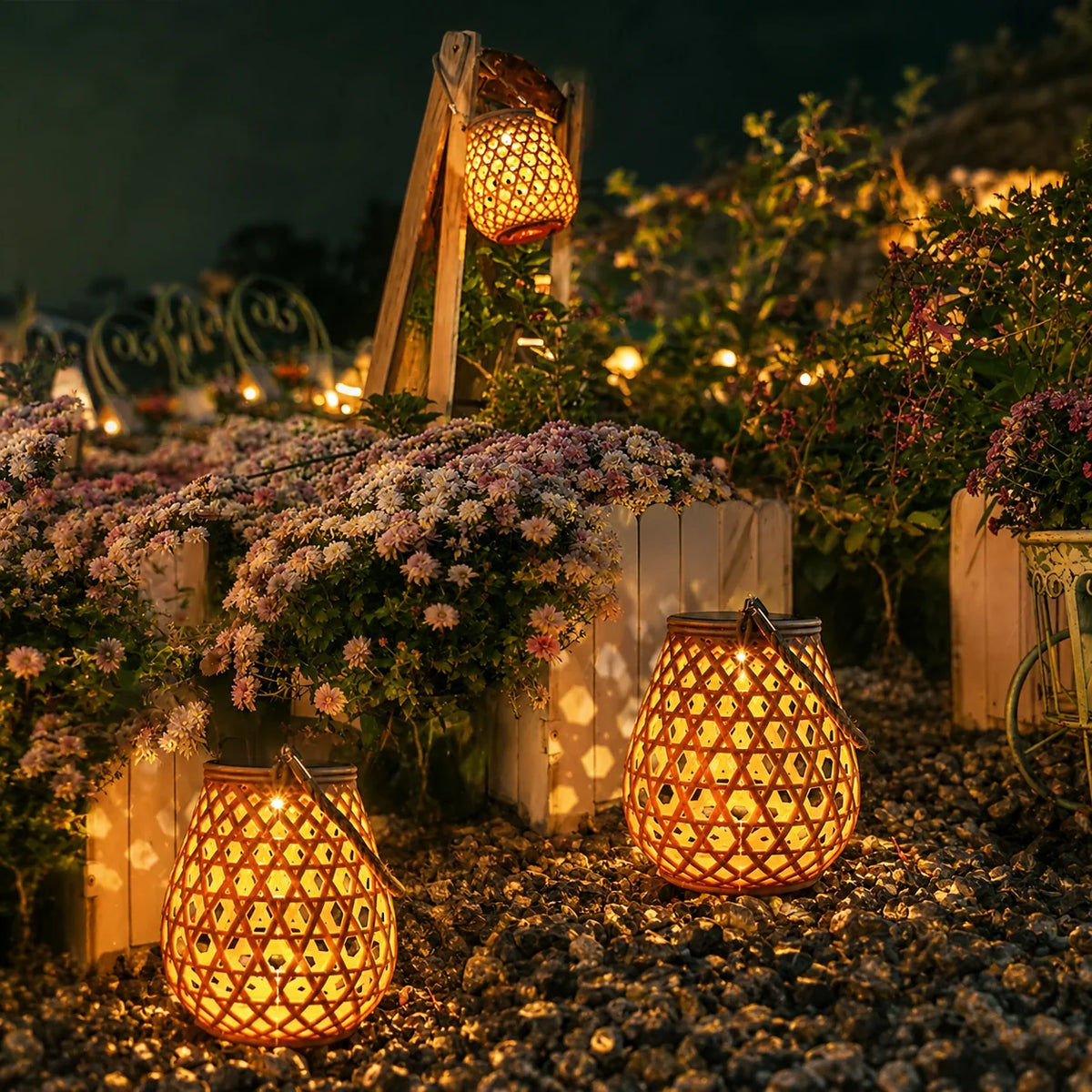 Garden Lantern Solar Woven Bamboo Look Auto Dusk Sensor