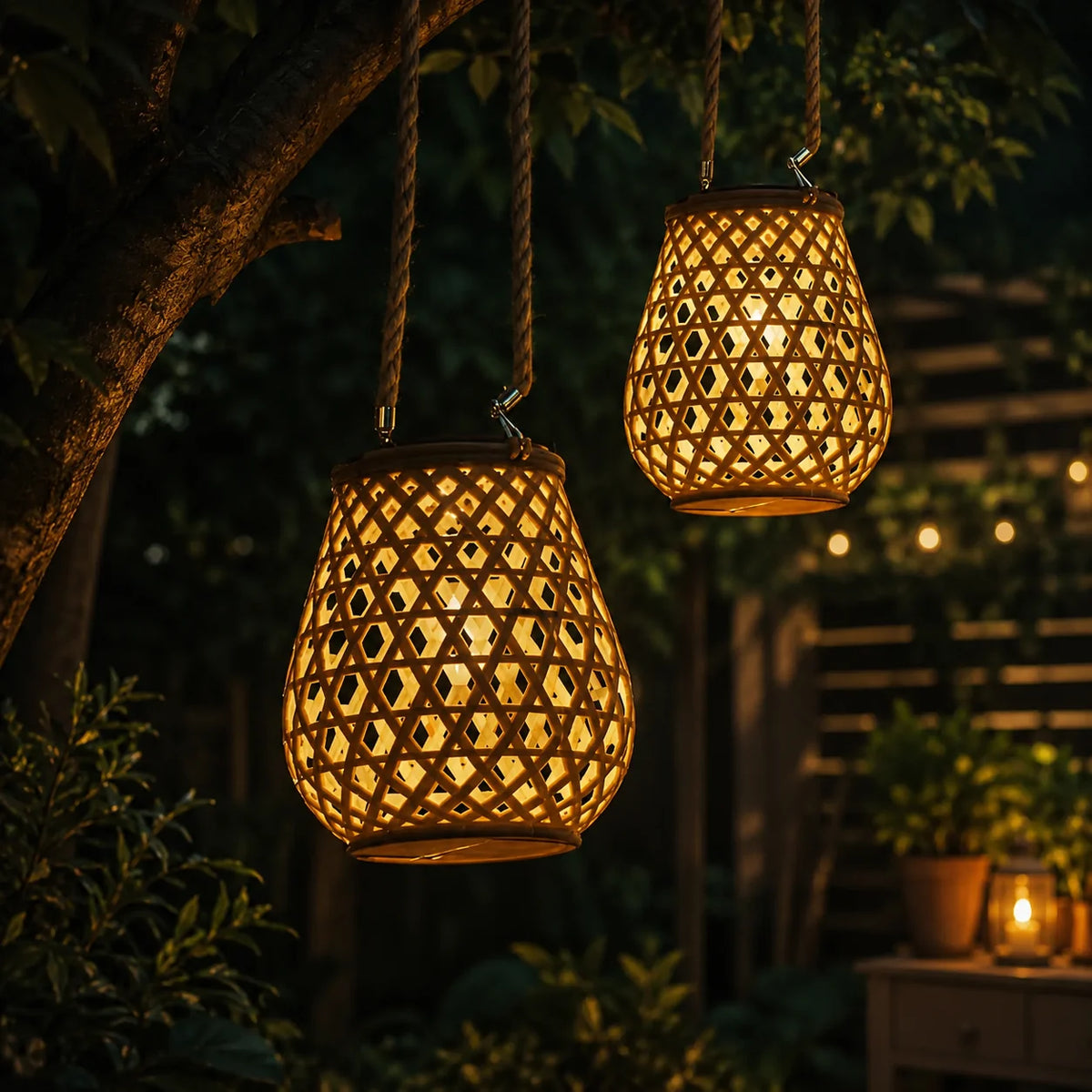 Garden Lantern Solar Woven Bamboo Look Auto Dusk Sensor