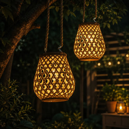 Garden Lantern Solar Woven Bamboo Look Auto Dusk Sensor