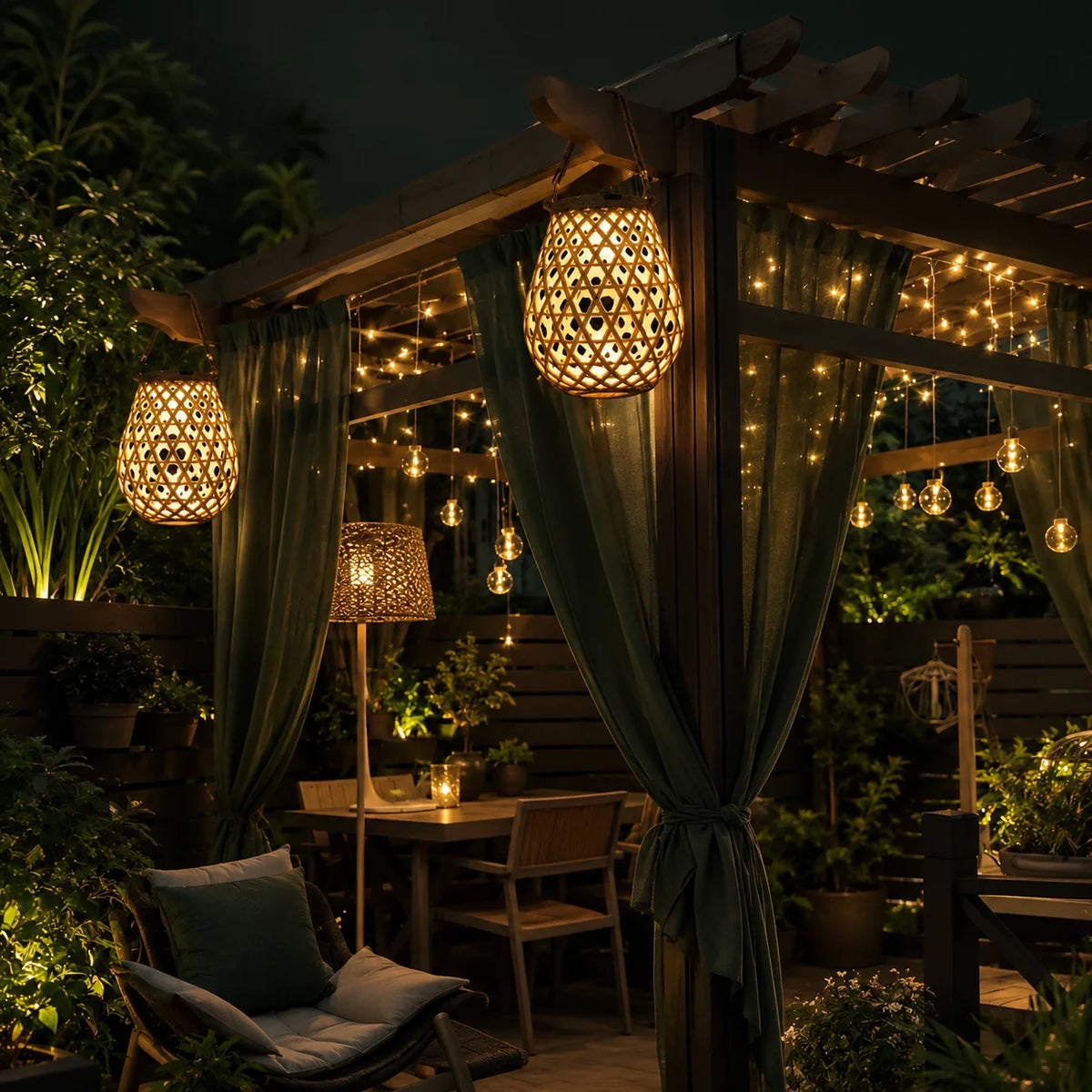 Garden Lantern Solar Woven Bamboo Look Auto Dusk Sensor