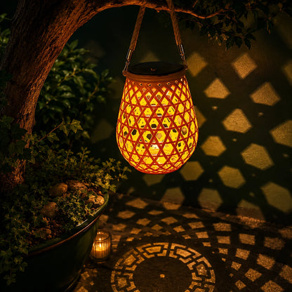 Garden Lantern Solar Woven Bamboo Look Auto Dusk Sensor