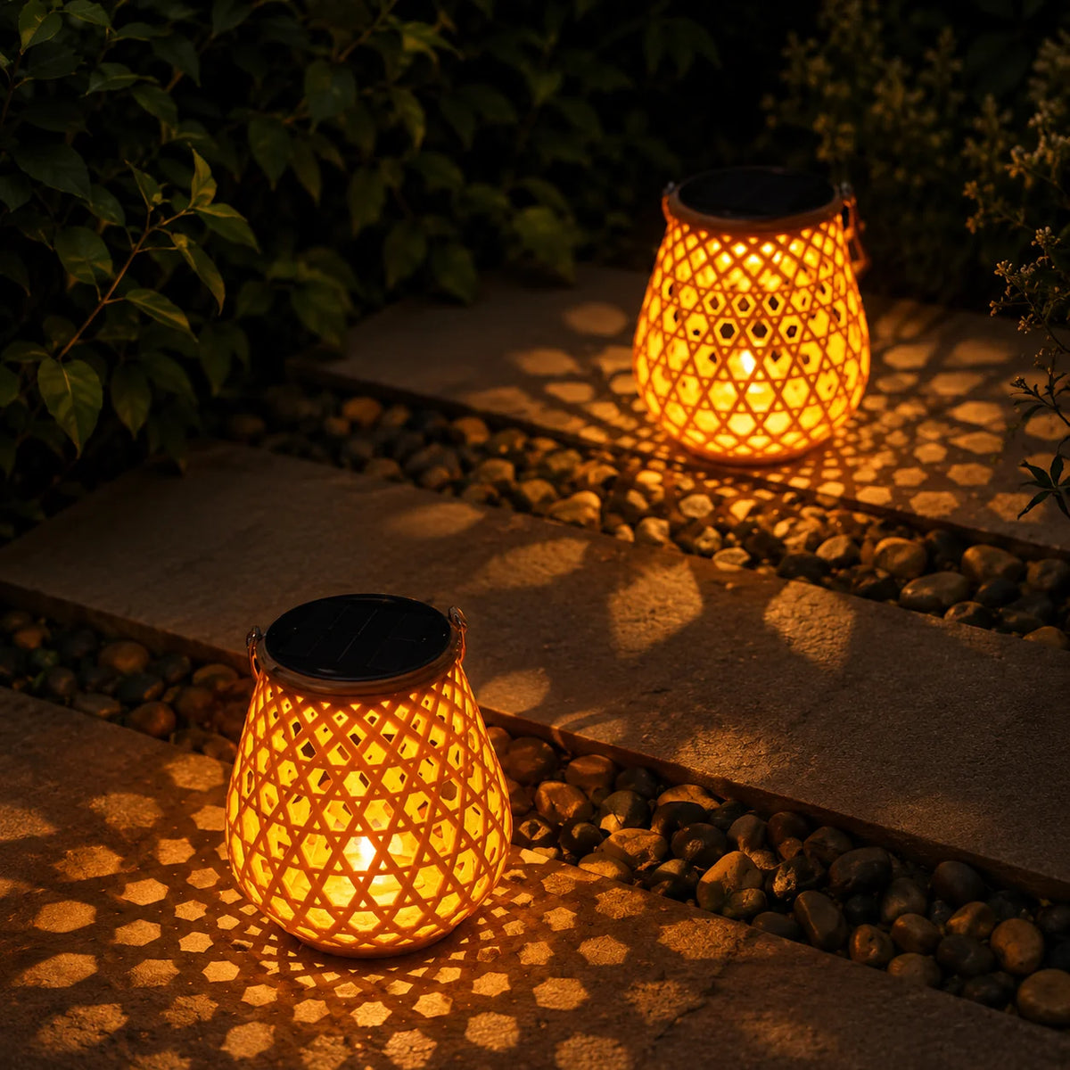 Garden Lantern Solar Woven Bamboo Look Auto Dusk Sensor