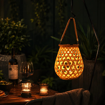 Garden Lantern Solar Woven Bamboo Look Auto Dusk Sensor