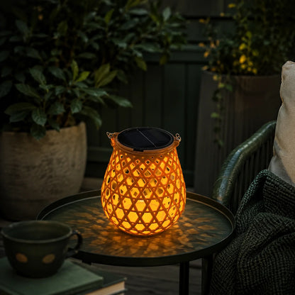 Garden Lantern Solar Woven Bamboo Look Auto Dusk Sensor