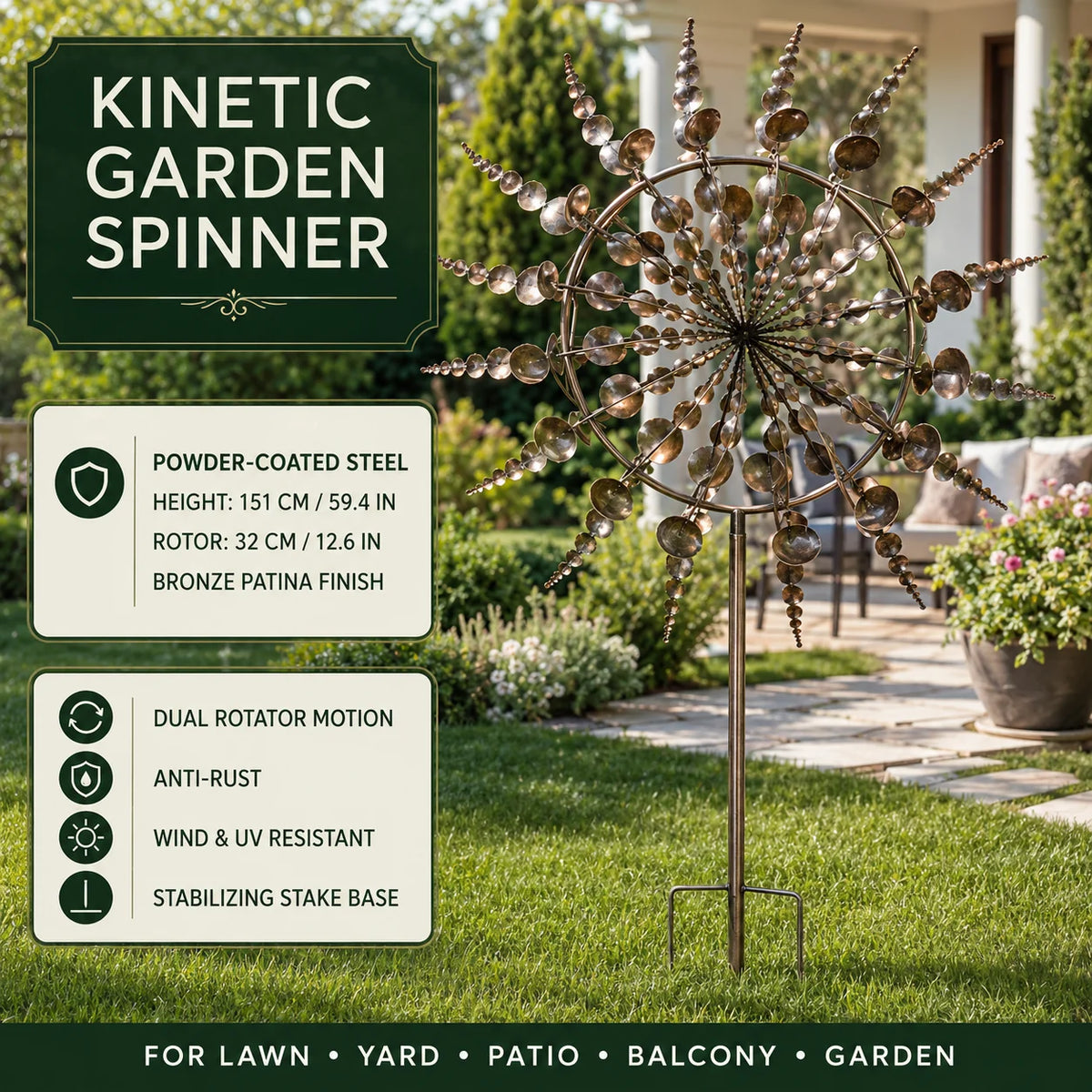 Garden Wind Spinner Stake Dual Rotor Powder-Coated Steel