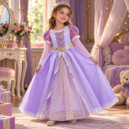 Girls Ball Gown Dress Puff Sleeves Mesh Overlay