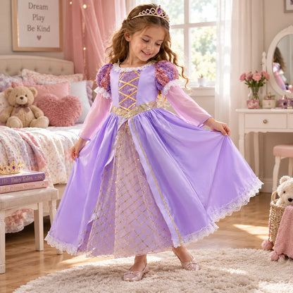 Girls Ball Gown Dress Puff Sleeves Mesh Overlay