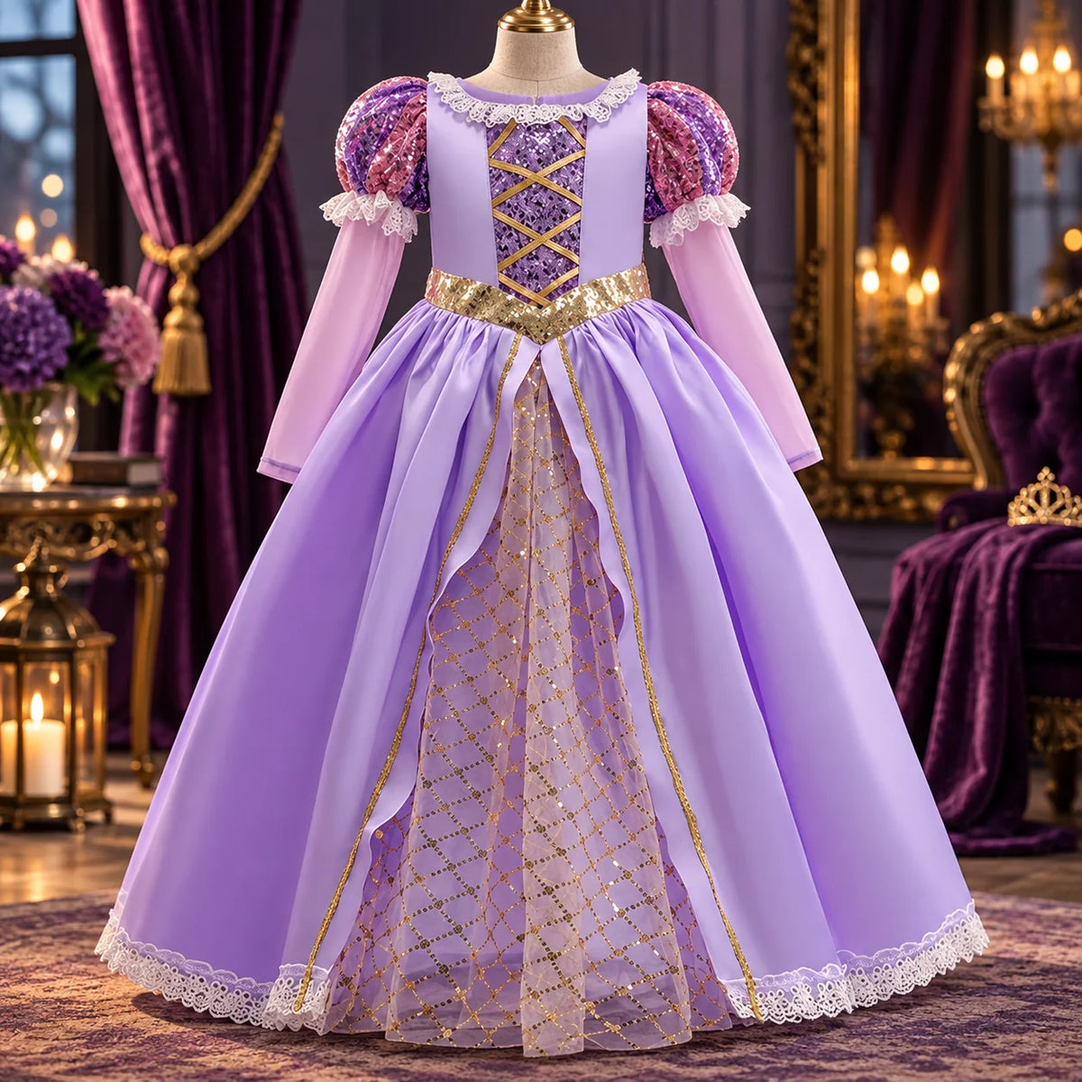 Girls Ball Gown Dress Puff Sleeves Mesh Overlay