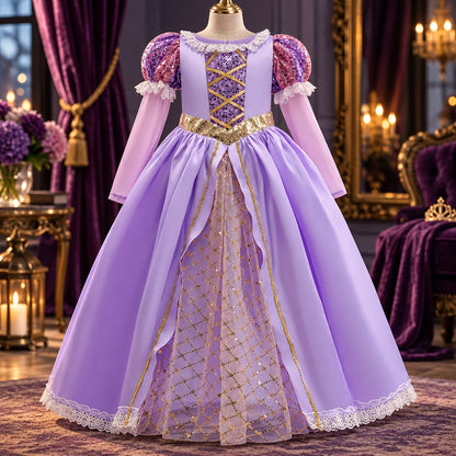 Girls Ball Gown Dress Puff Sleeves Mesh Overlay