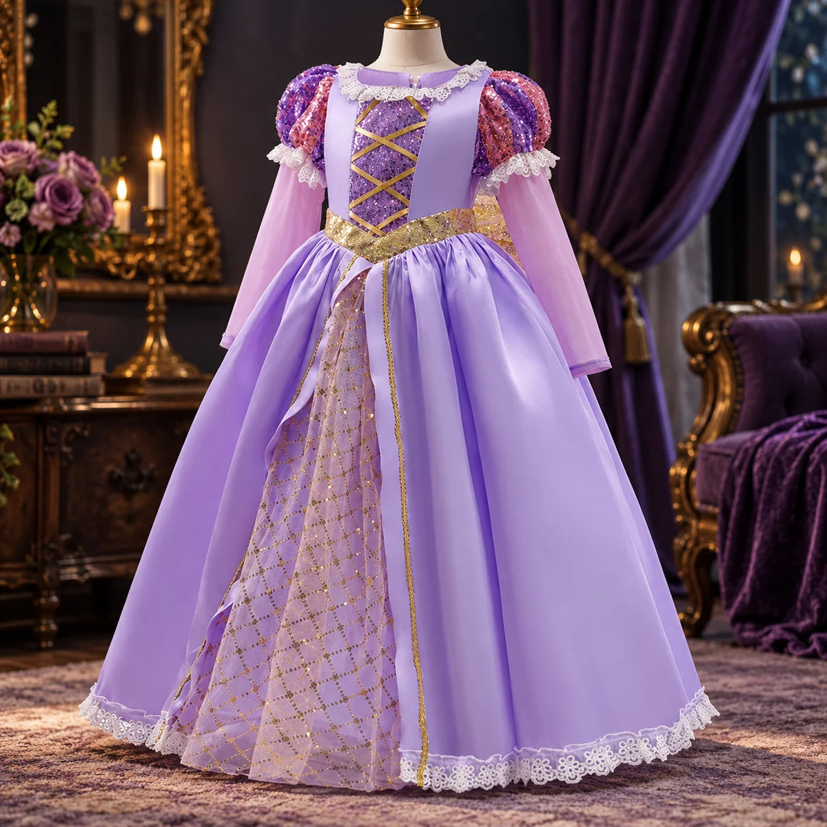 Girls Ball Gown Dress Puff Sleeves Mesh Overlay