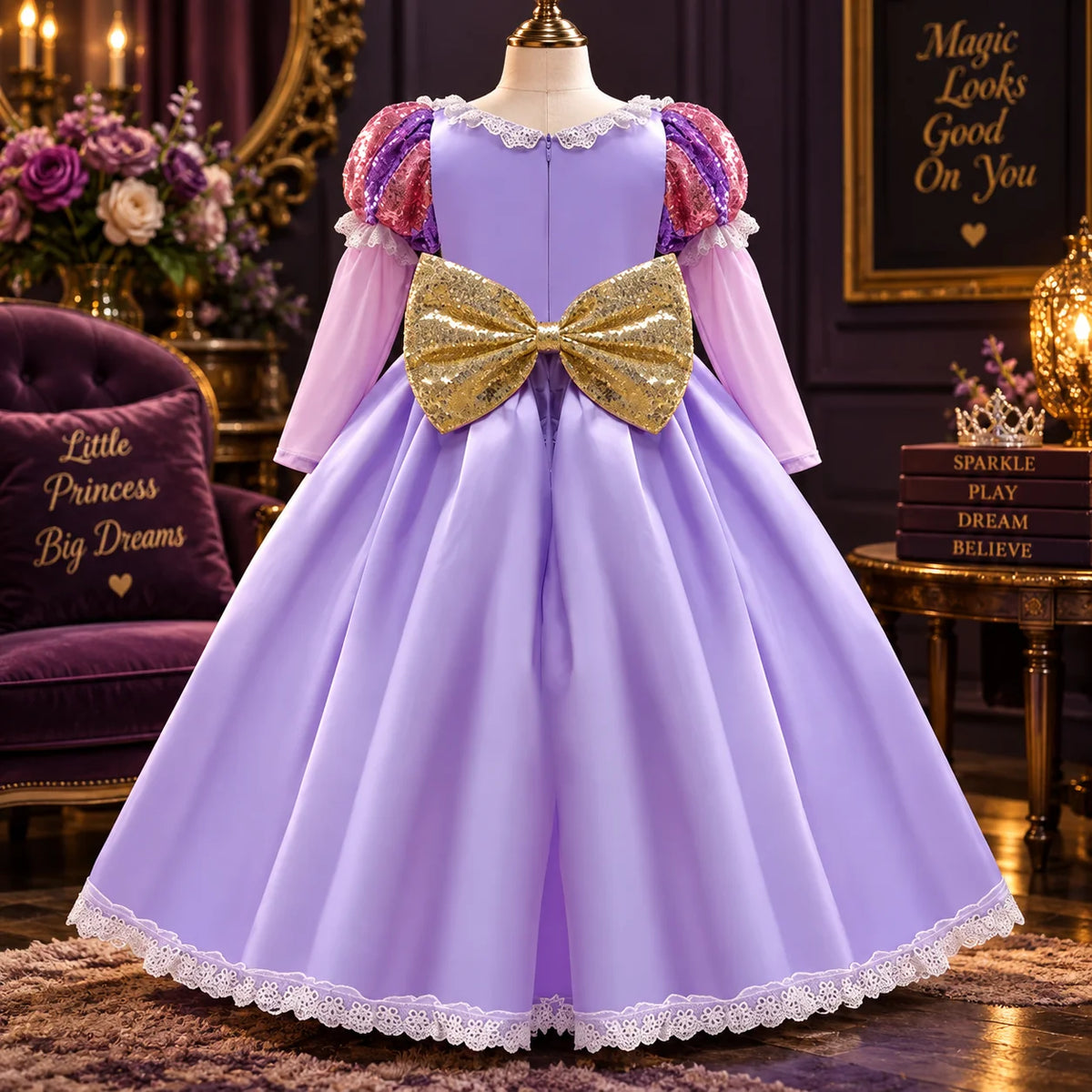 Girls Ball Gown Dress Puff Sleeves Mesh Overlay