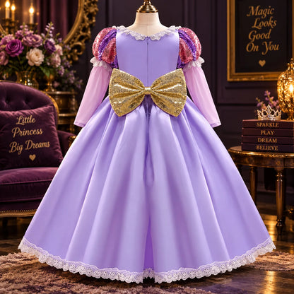 Girls Ball Gown Dress Puff Sleeves Mesh Overlay