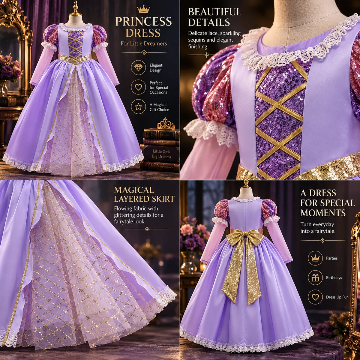 Girls Ball Gown Dress Puff Sleeves Mesh Overlay