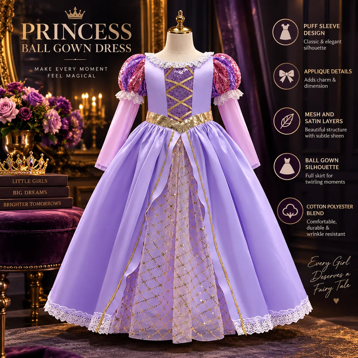 Girls Ball Gown Dress Puff Sleeves Mesh Overlay