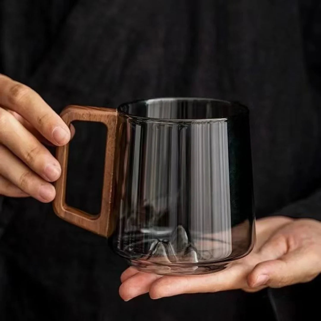 Glass Mug Wooden Handle 13.5 Fl Oz