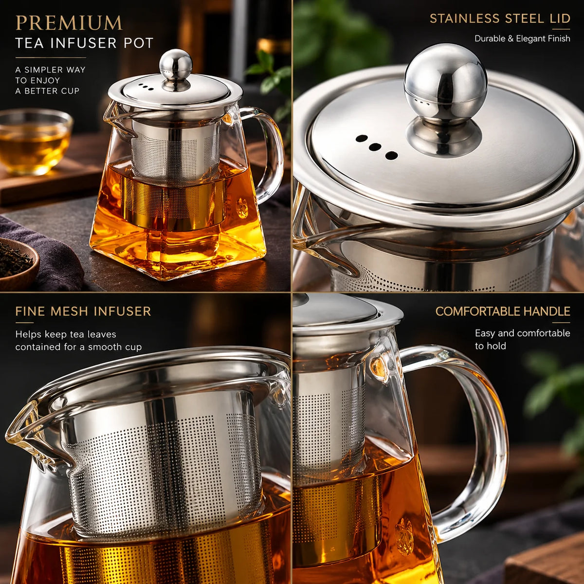 Glass Teapot Heat-Resistant Borosilicate Stainless Steel Infuser