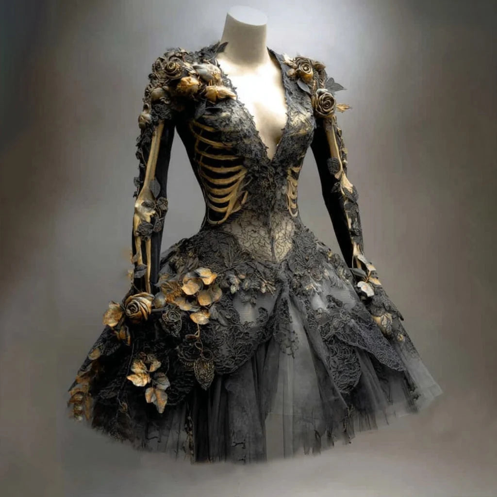 Gothic Mini Dress Long Sleeve Skeleton Appliqués Tiered Skirt