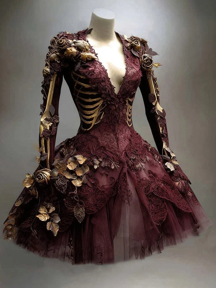 Gothic Mini Dress Long Sleeve Skeleton Appliqués Tiered Skirt