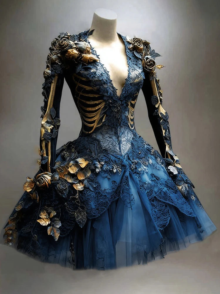 Gothic Mini Dress Long Sleeve Skeleton Appliqués Tiered Skirt