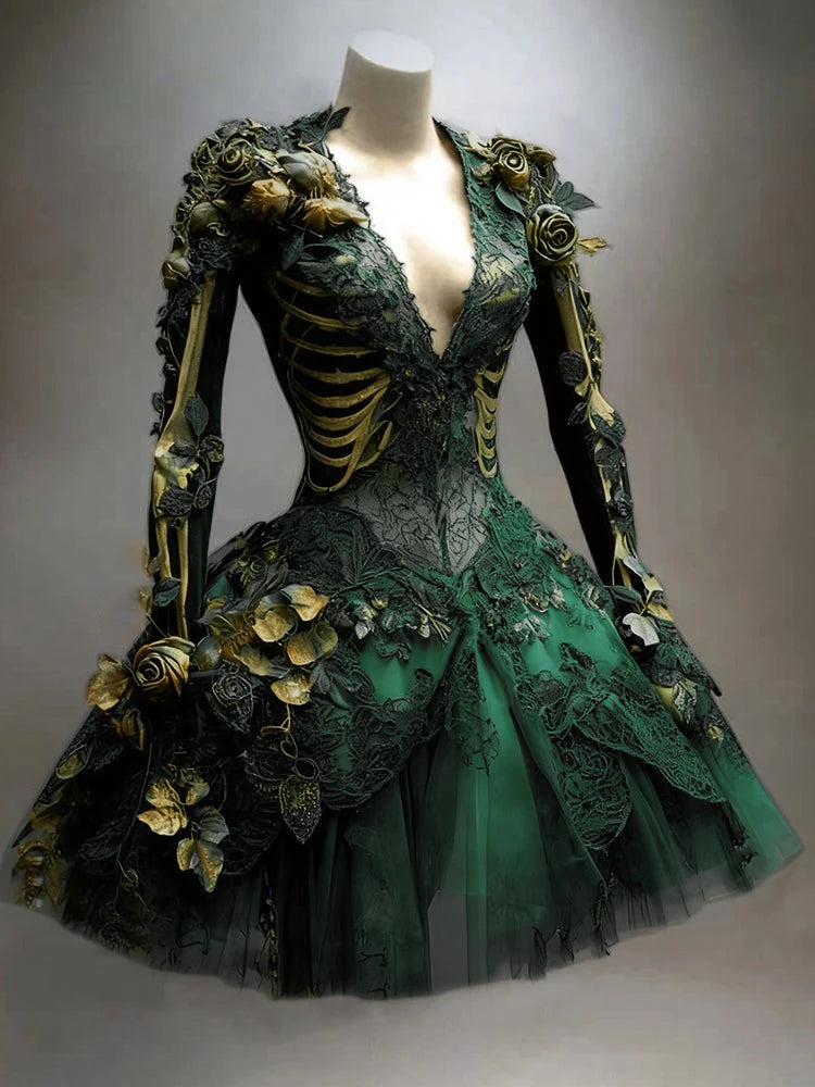 Gothic Mini Dress Long Sleeve Skeleton Appliqués Tiered Skirt