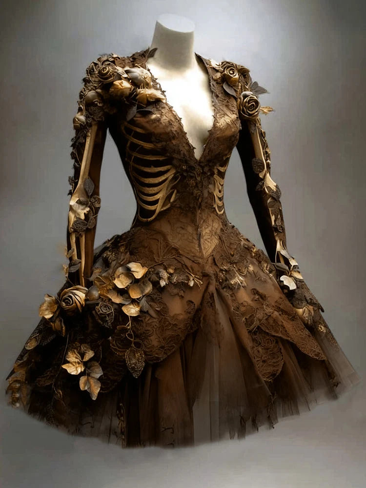 Gothic Mini Dress Long Sleeve Skeleton Appliqués Tiered Skirt