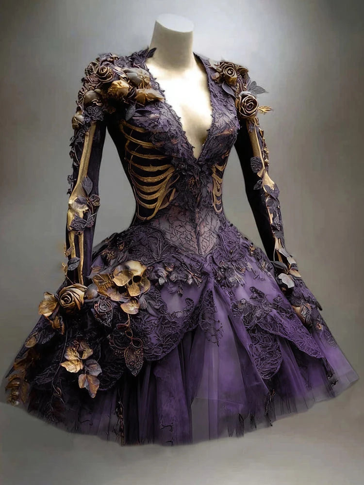 Gothic Mini Dress Long Sleeve Skeleton Appliqués Tiered Skirt