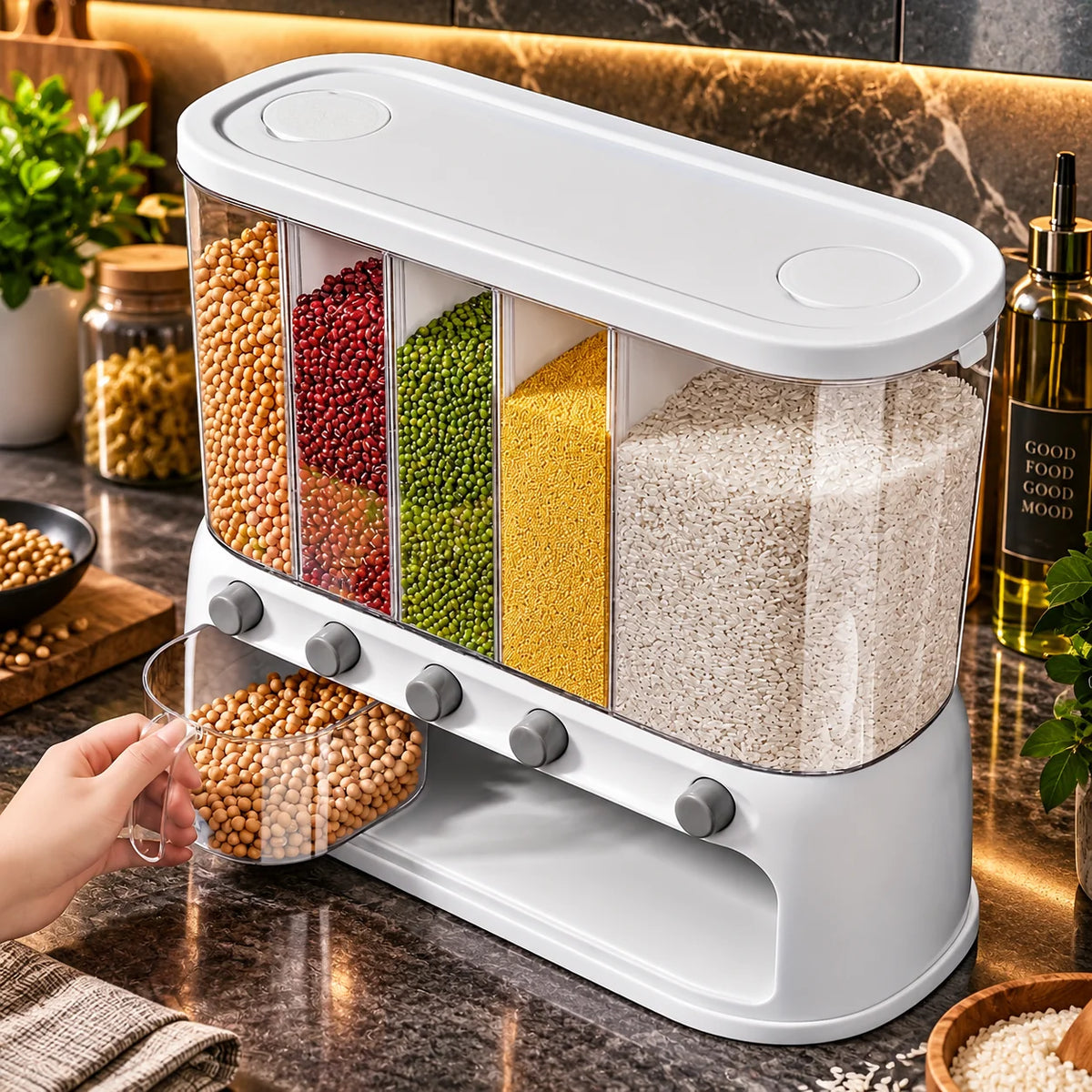 Grain Dispenser 5-Compartment Push-Button
