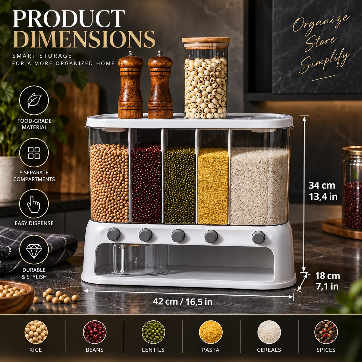 Grain Dispenser 5-Compartment Push-Button
