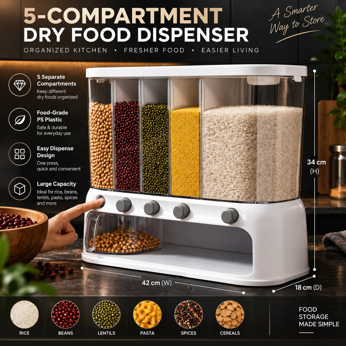 Grain Dispenser 5-Compartment Push-Button