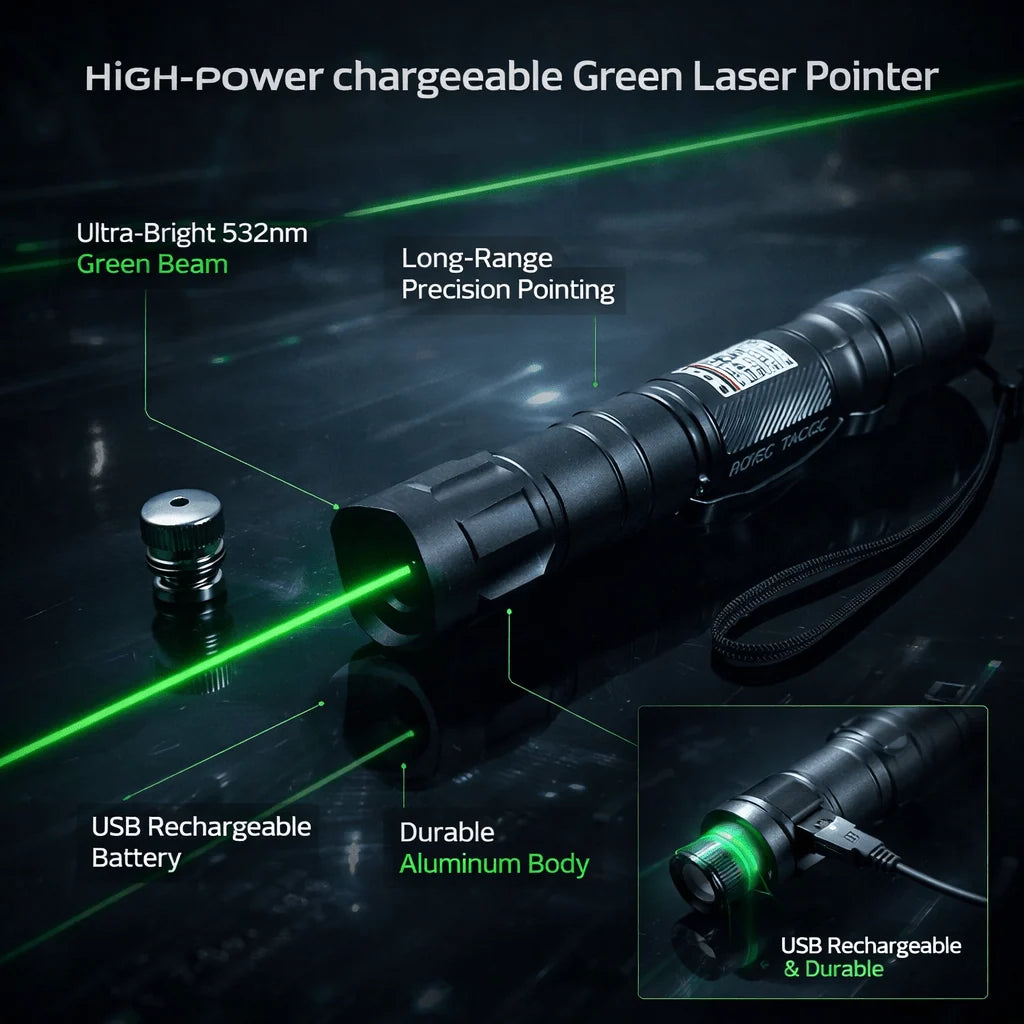 Green Laser Pointer USB Rechargeable Anodized Metal Body 6,562 Ft Range