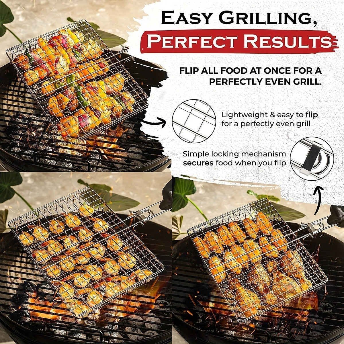 Grill Basket Stainless Steel Locking Foldable Long Handle