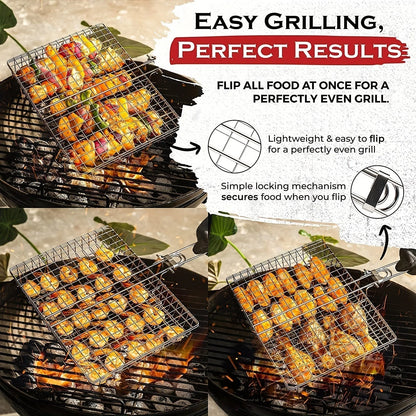 Grill Basket Stainless Steel Locking Foldable Long Handle