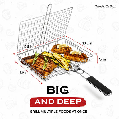 Grill Basket Stainless Steel Locking Foldable Long Handle