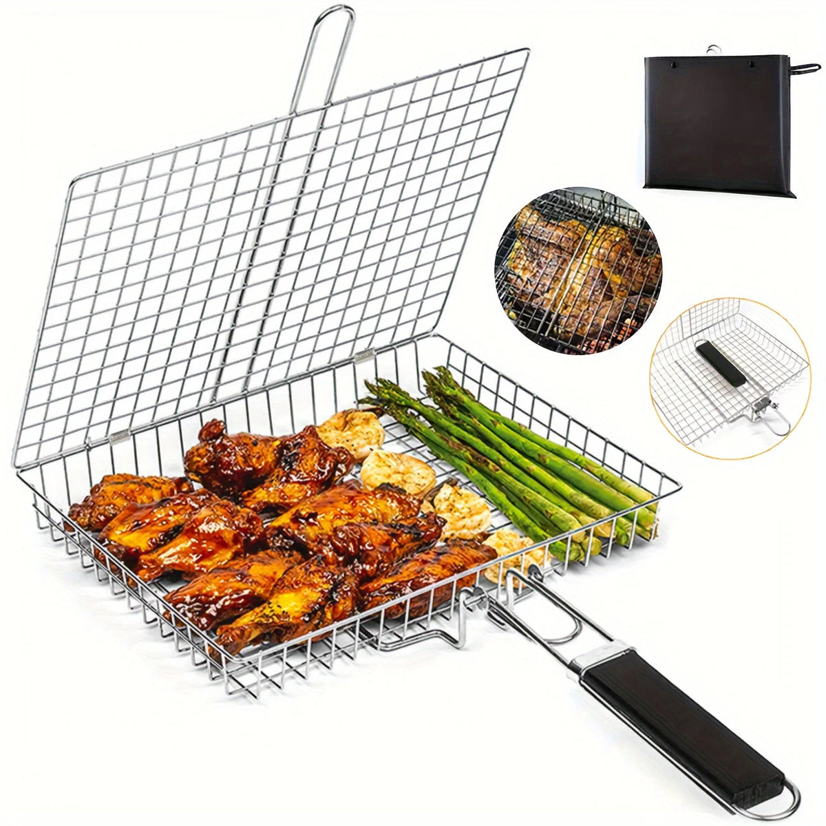 Grill Basket Stainless Steel Locking Foldable Long Handle
