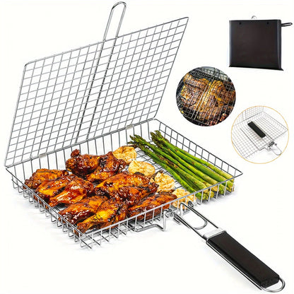 Grill Basket Stainless Steel Locking Foldable Long Handle
