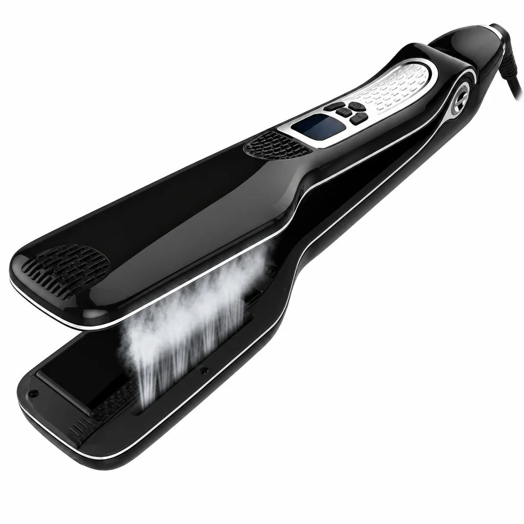 Hair Straightener Steam-Powered Ceramic Plates Adjustable Heat LCD Display